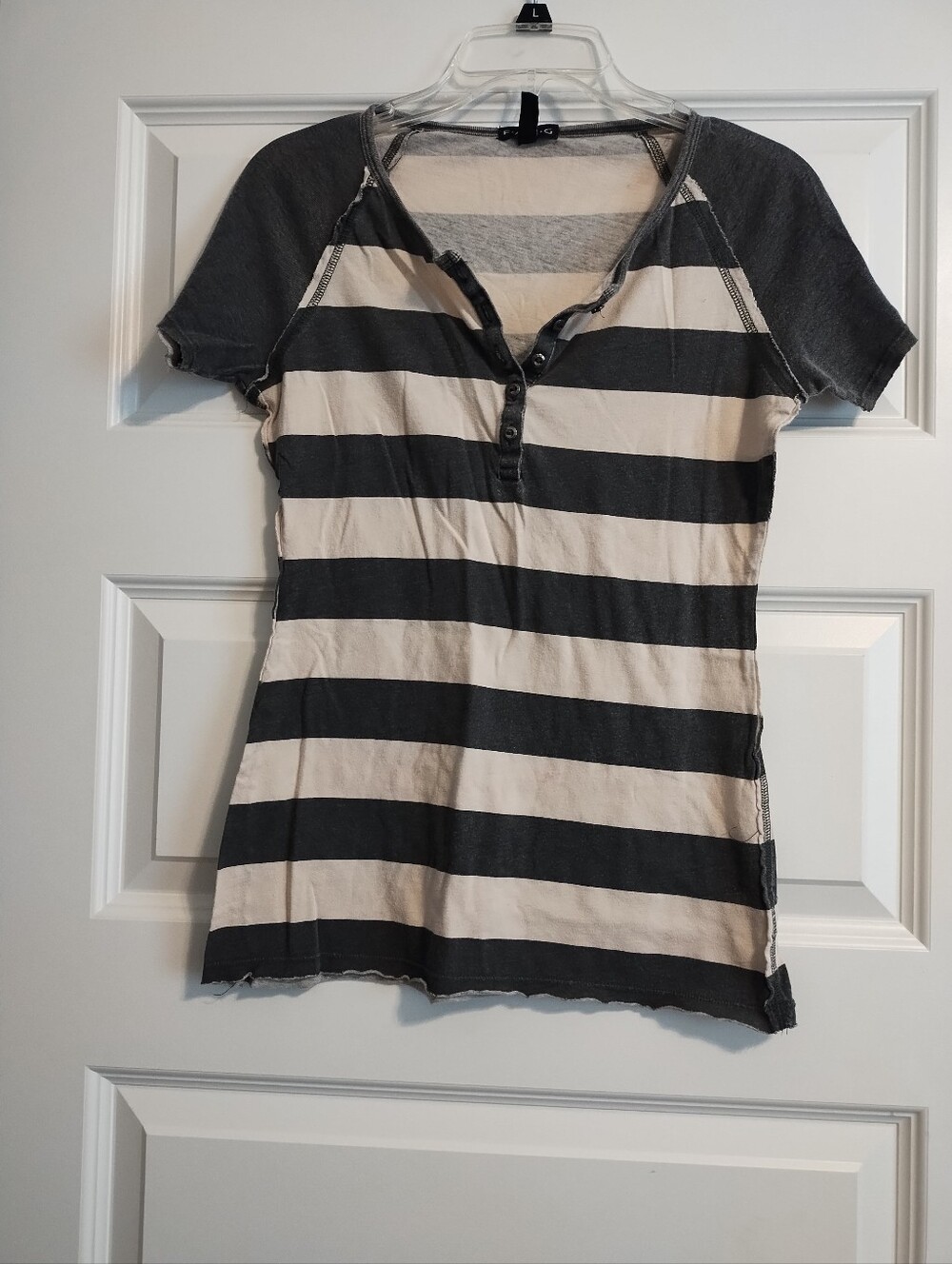 Vintage Fang Brand Striped Henley Tee in Gray Black and Cream